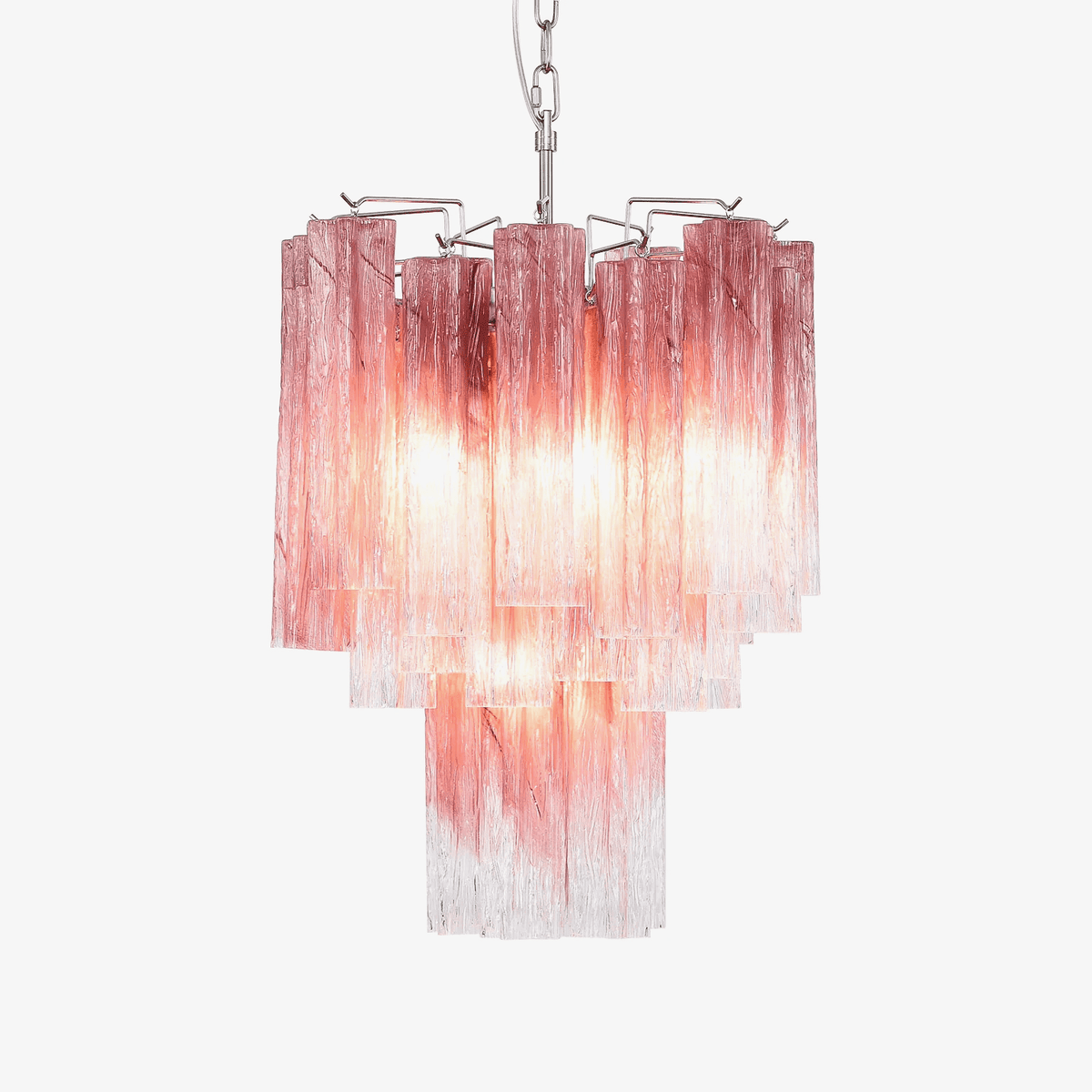 Veluora Kronleuchter zu Transparent verlaufendem Murano-Glas in Kaskadenebenen