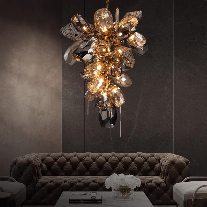 Celirian Kronleuchter aus Glas und Kristall in Rauchglas-Kluster-Design