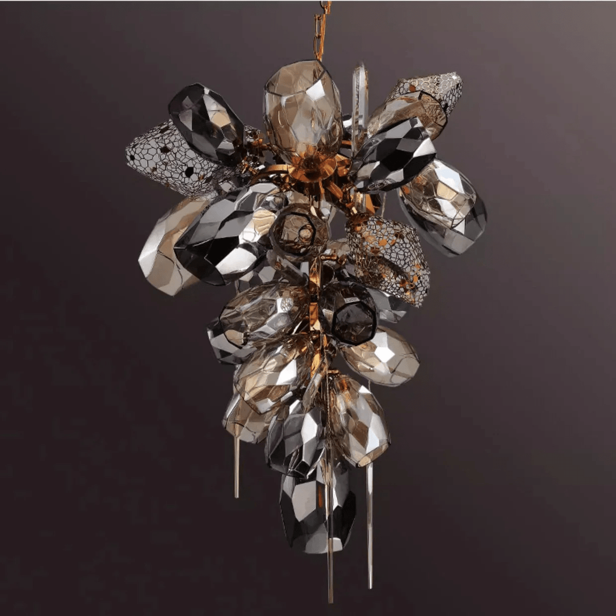 Celirian Kronleuchter aus Glas und Kristall in Rauchglas-Kluster-Design