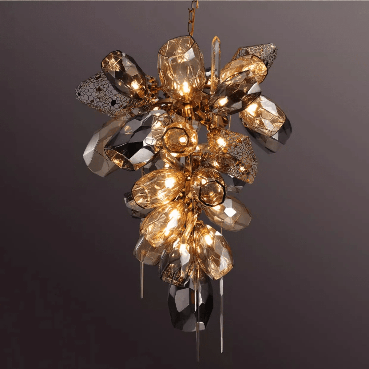 Celirian Kronleuchter aus Glas und Kristall in Rauchglas-Kluster-Design