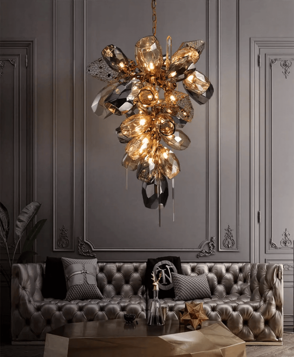Celirian Kronleuchter aus Glas und Kristall in Rauchglas-Kluster-Design