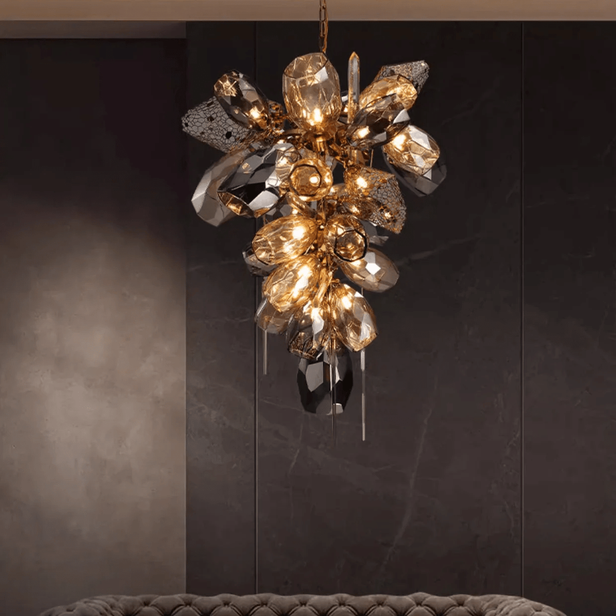 Celirian Kronleuchter aus Glas und Kristall in Rauchglas-Kluster-Design