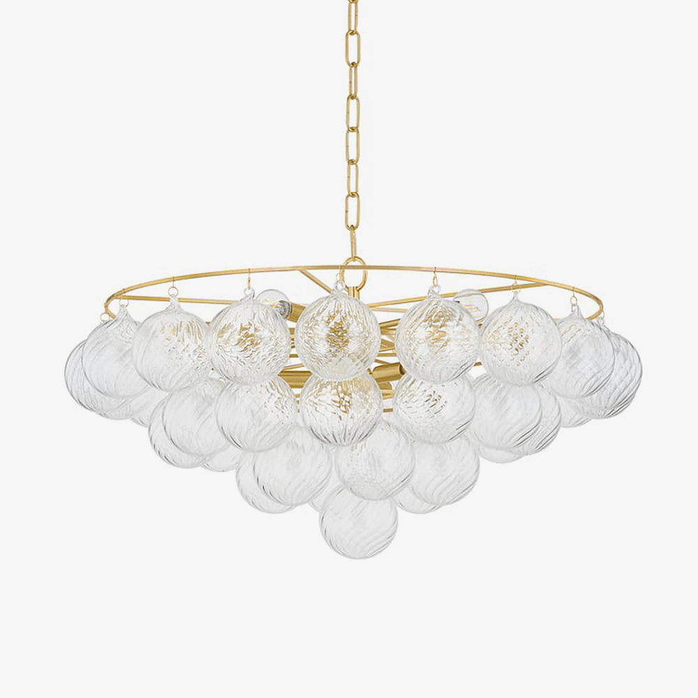 Velineon Kronleuchter aus transparentem Glas in Kugelform, gealtertes Messing, elegant