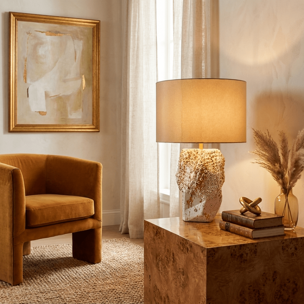 Ostreya Tischlampe aus Keramik mit Korallenstruktur in Beige