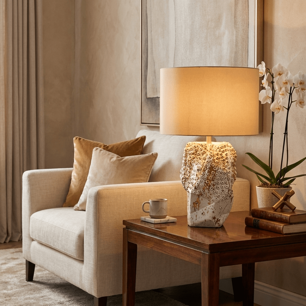 Ostreya Tischlampe aus Keramik mit Korallenstruktur in Beige