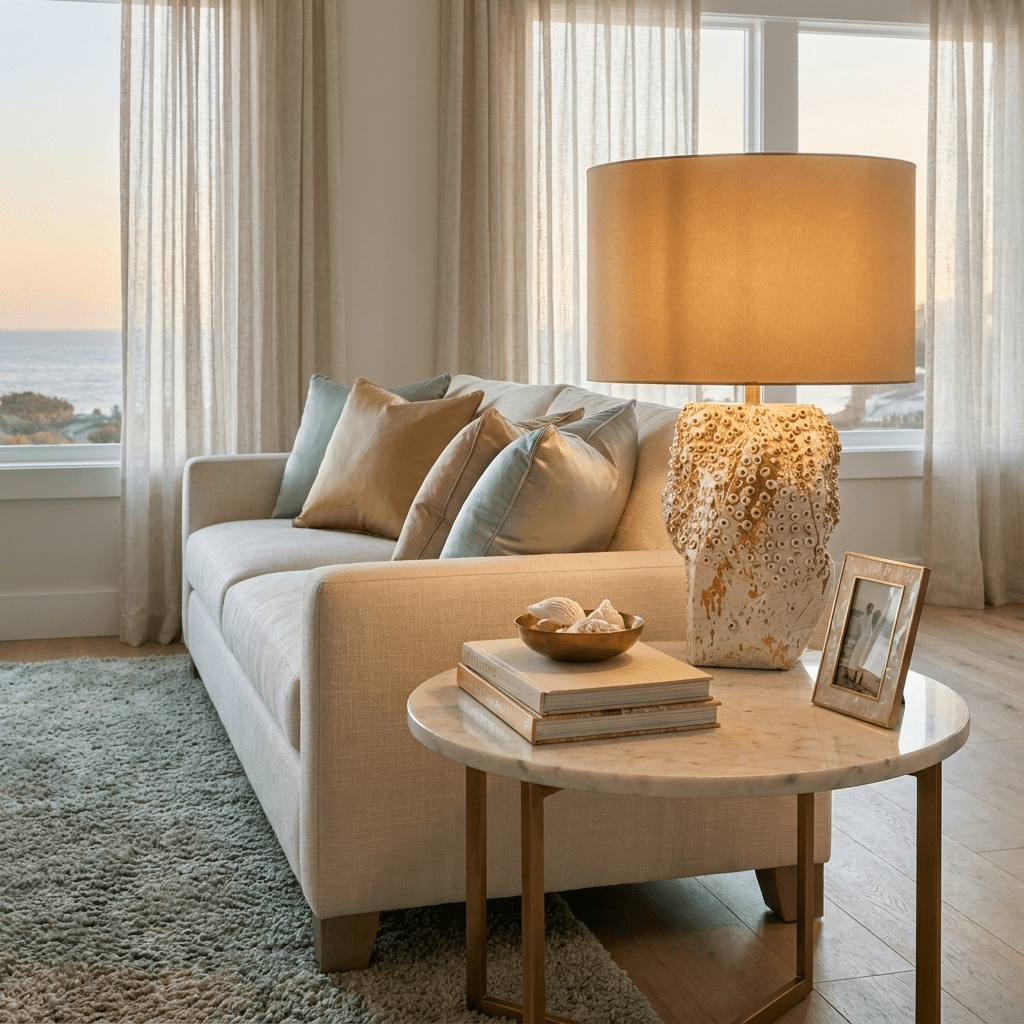 Ostreya Tischlampe aus Keramik mit Korallenstruktur in Beige