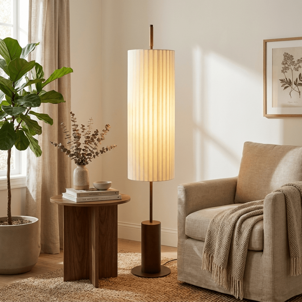 Novalise Zylinder-Stehleuchte mit Faltenwurf-Lampenschirm, zeitgenössisch minimalistisches Design für das Wohnzimmer
