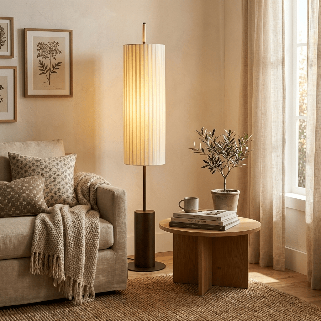 Novalise Zylinder-Stehleuchte mit Faltenwurf-Lampenschirm, zeitgenössisch minimalistisches Design für das Wohnzimmer