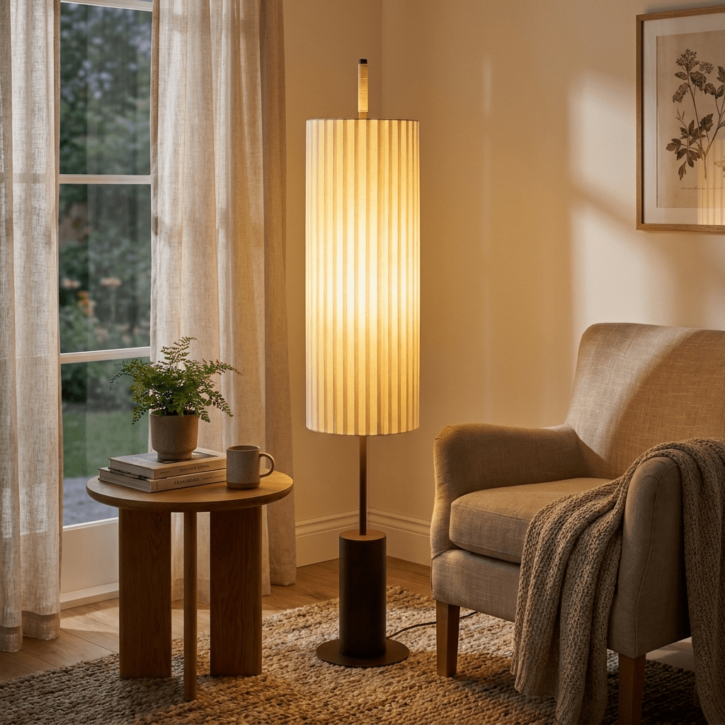 Novalise Zylinder-Stehleuchte mit Faltenwurf-Lampenschirm, zeitgenössisch minimalistisches Design für das Wohnzimmer