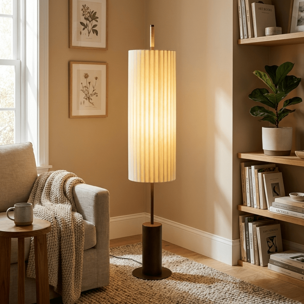 Novalise Zylinder-Stehleuchte mit Faltenwurf-Lampenschirm, zeitgenössisch minimalistisches Design für das Wohnzimmer