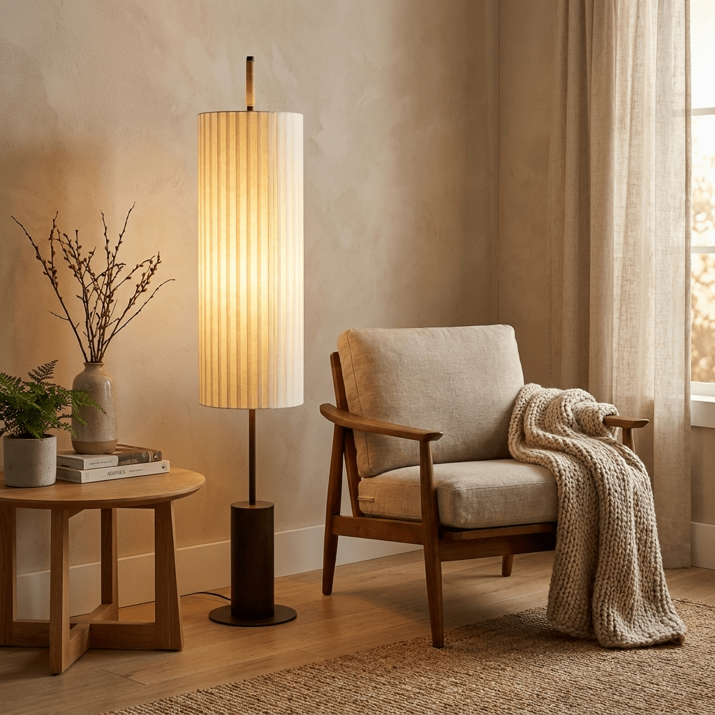 Novalise Zylinder-Stehleuchte mit Faltenwurf-Lampenschirm, zeitgenössisch minimalistisches Design für das Wohnzimmer