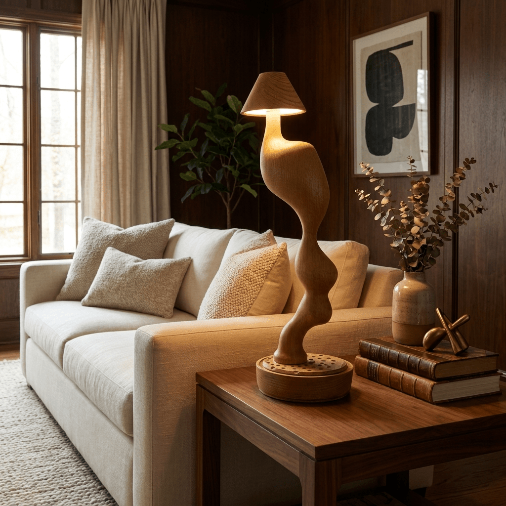 Carved Tischlampe mit Holzkordel