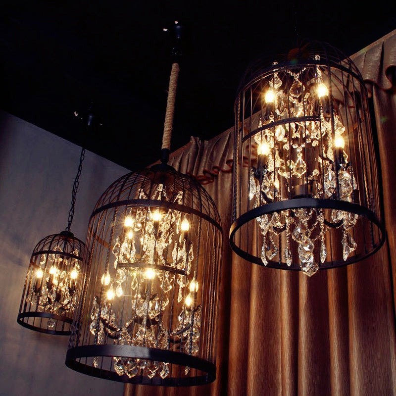 Kristy Retro LED Pendelleuchte Vogelkäfig Schwarz/Rost Wohn/Schlafzimmer Metall&Kristall 4/8/12-Flammig