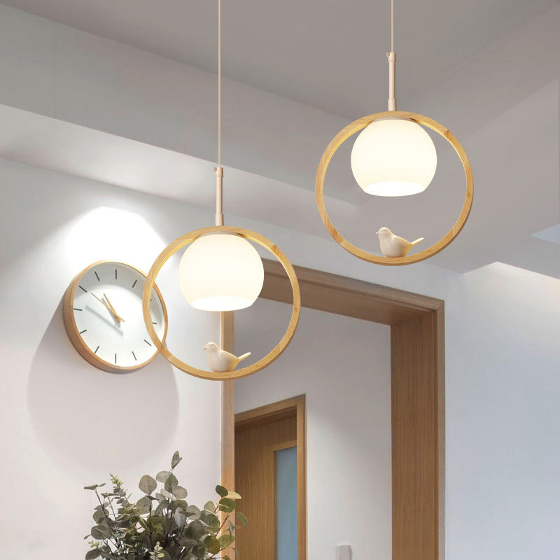 Muto Pendelleuchte Vogel Ring Treppenhaus, Holz Metall Glas