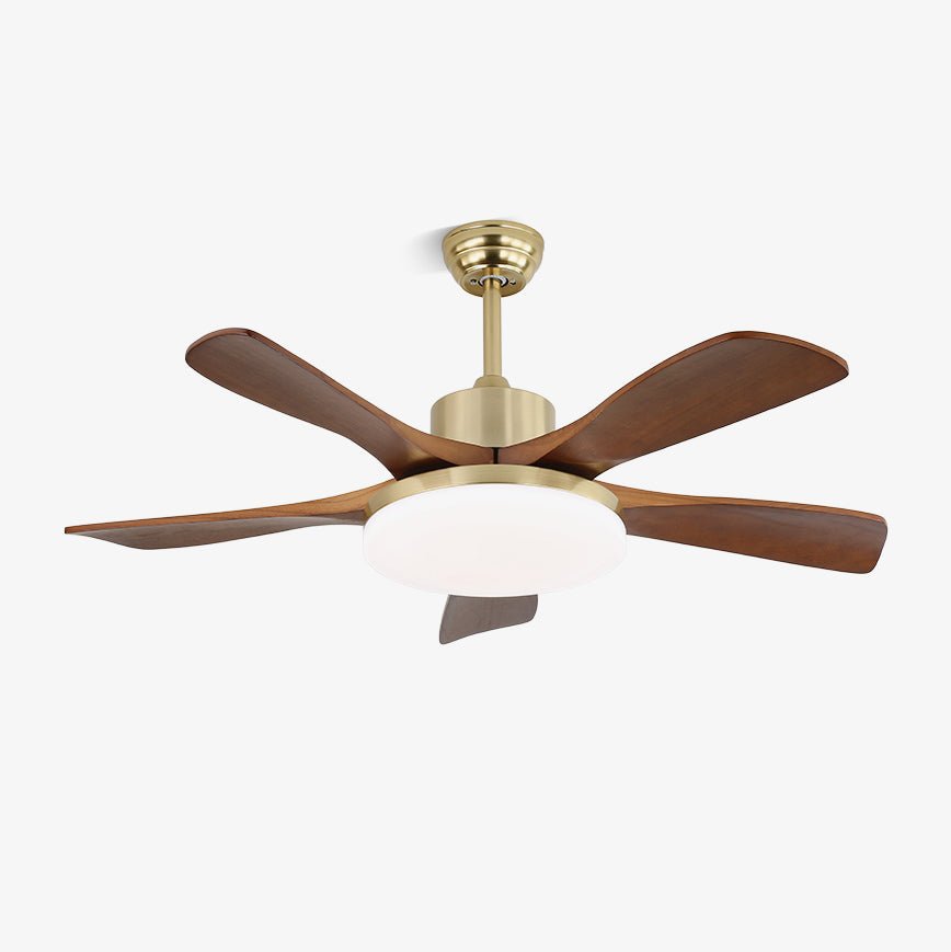 Elveora Deckenventilator mit Beleuchtung aus Messing und Holz