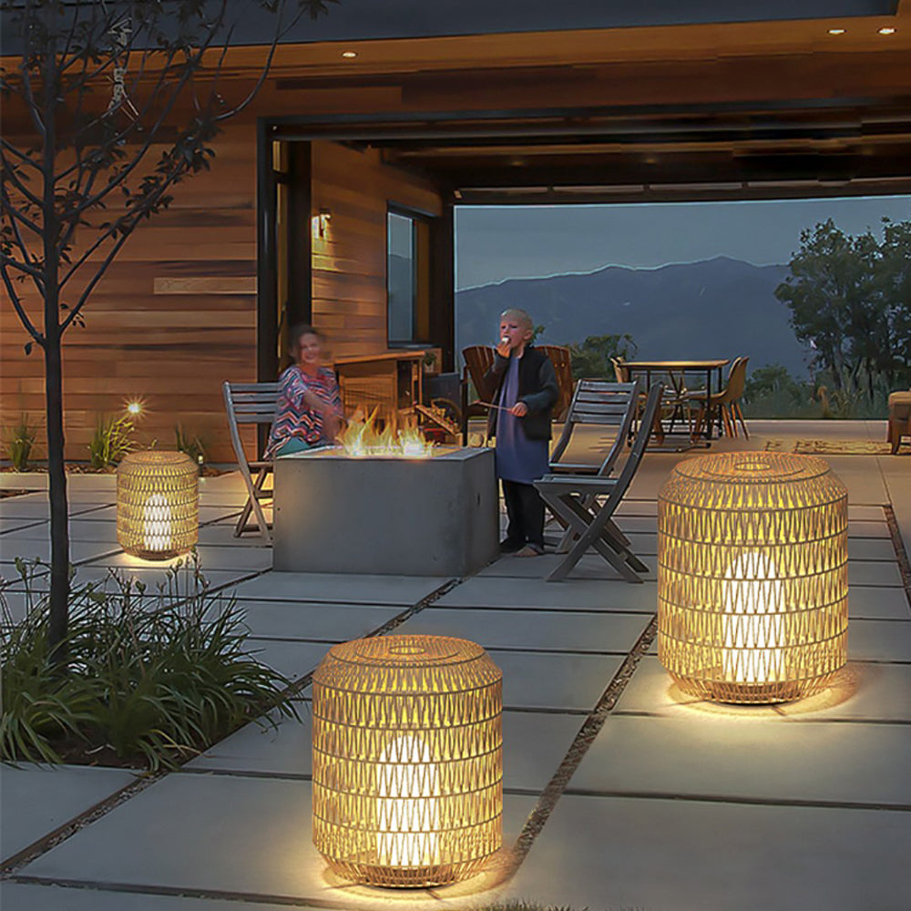 Ritta Moderne Design LED AußenleuchteGold Garten/Flur/Terrasse Holz Rattan Metall+Ratten