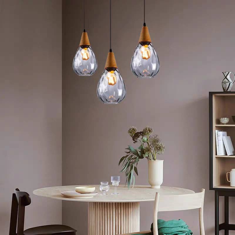Aria Rustikal  Pendelleuchte  Tränentropfen LED Klar/Grau  Glas&Holz