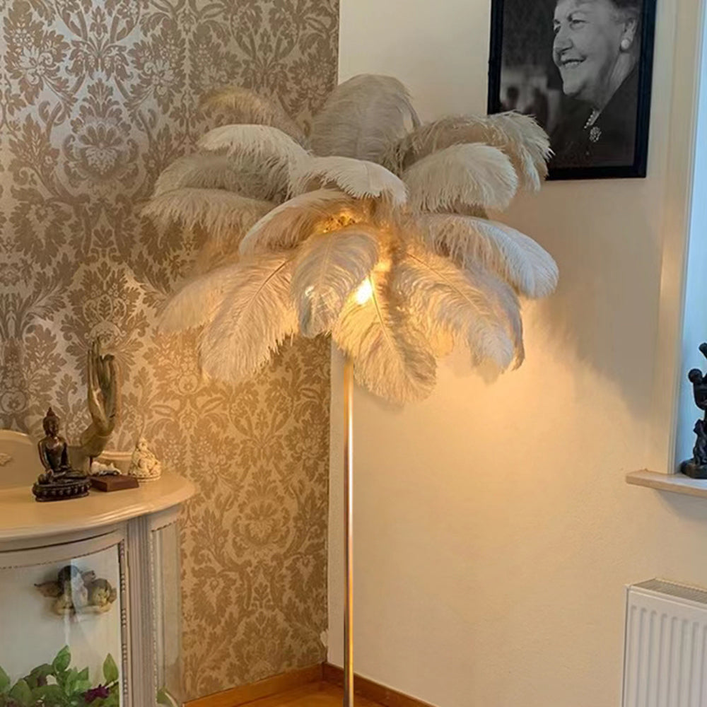 O'Moore Stehleuchte, Feder Weiß/Rosa/Khaki, Schlafzimmer  Modern