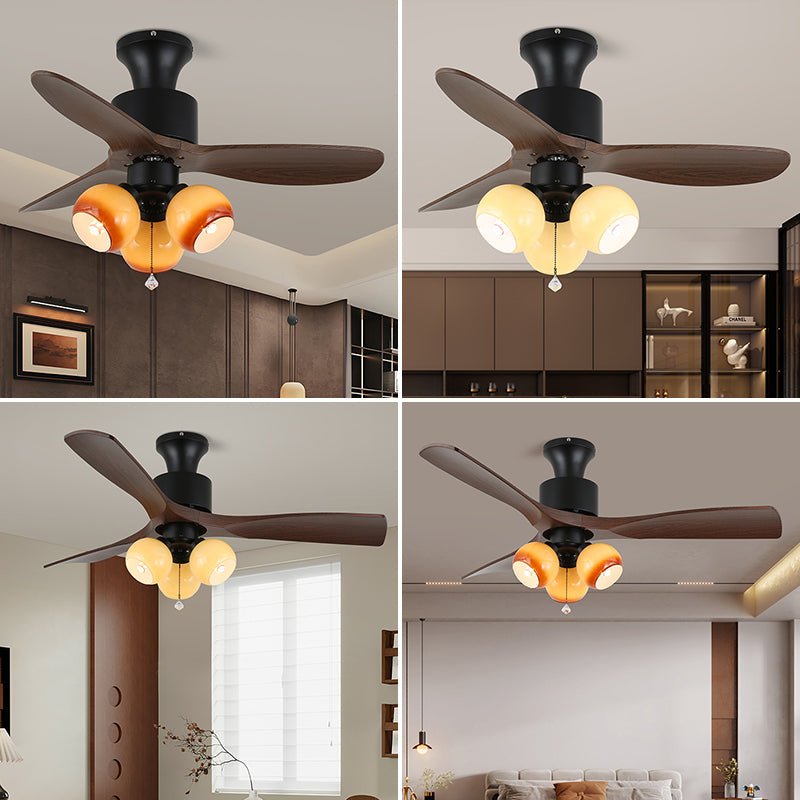 Elvuella Vintage Pendelleuchte aus Glas mit Holzblättern Deckenventilator mit Beleuchtung