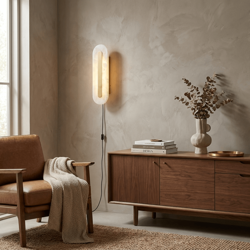 Alabaster-Runde Wandleuchte mit Stecker