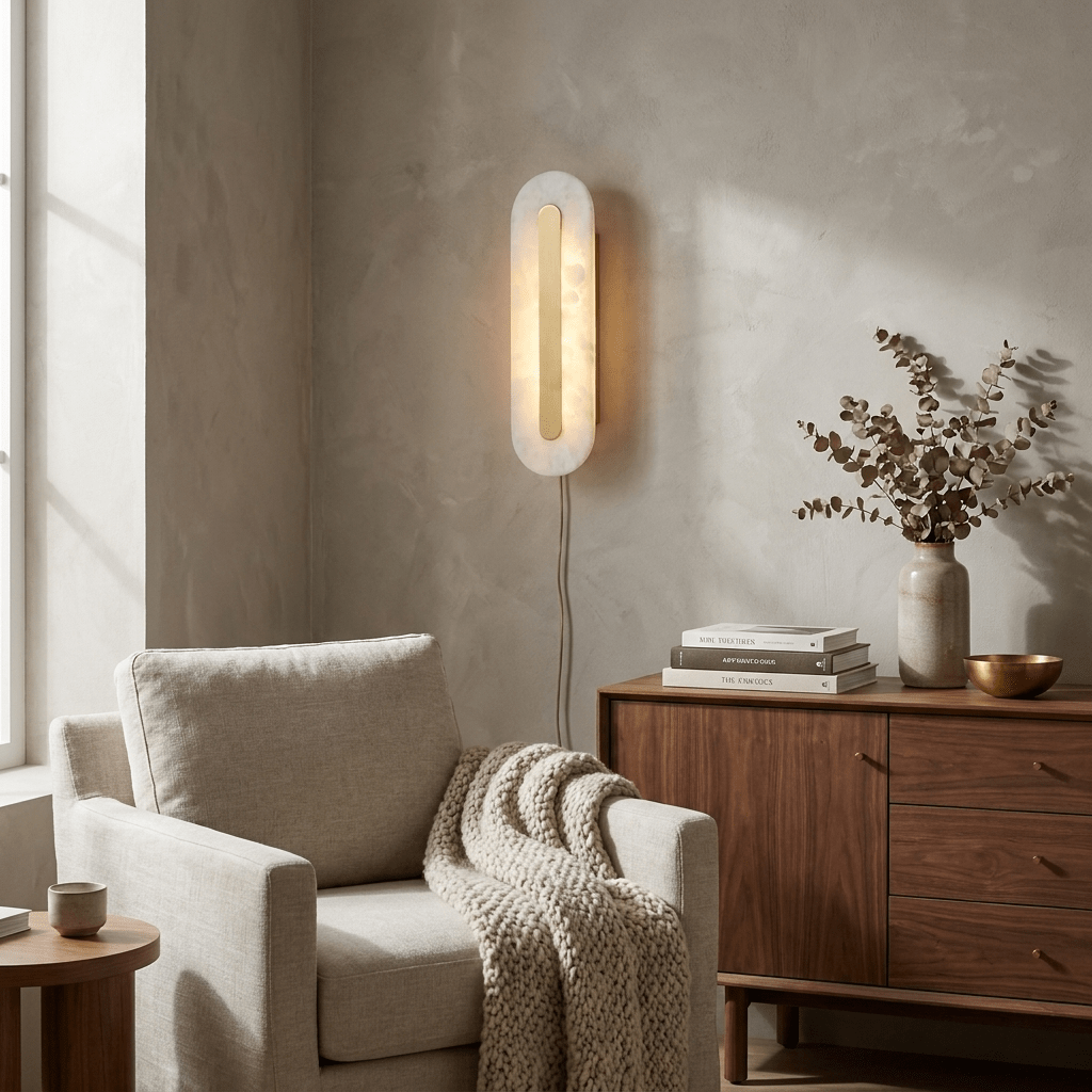 Alabaster-Runde Wandleuchte mit Stecker