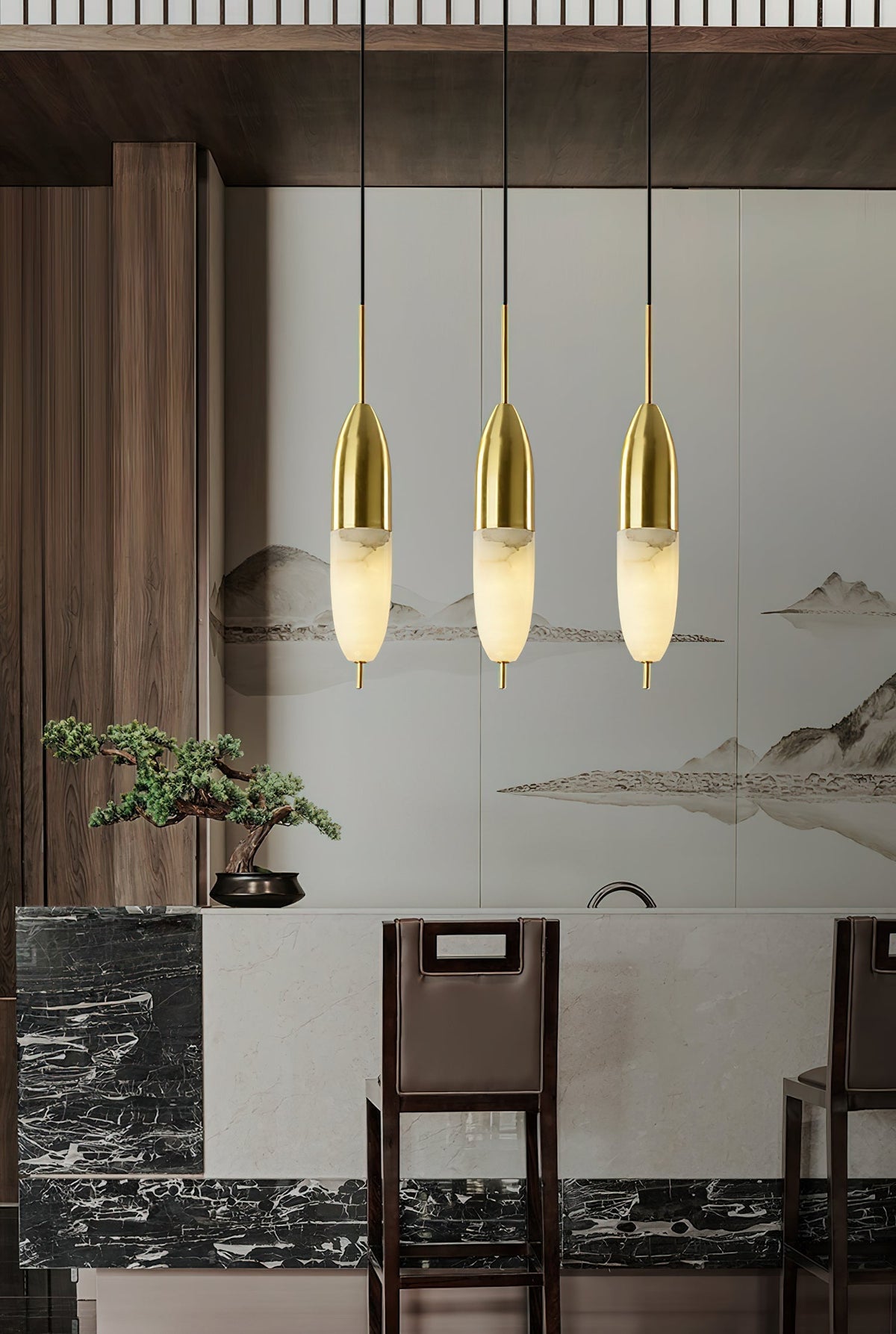 Himinuvye Alabaster Minimalistische Pendelleuchte aus Messing