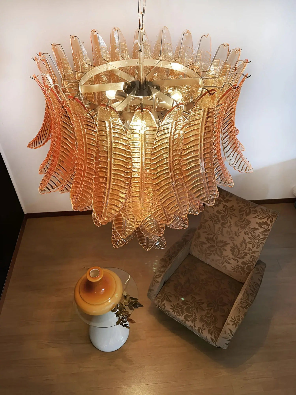 Veleena Kronleuchter Bernstein Murano-Glas-Blätter geschichtet
