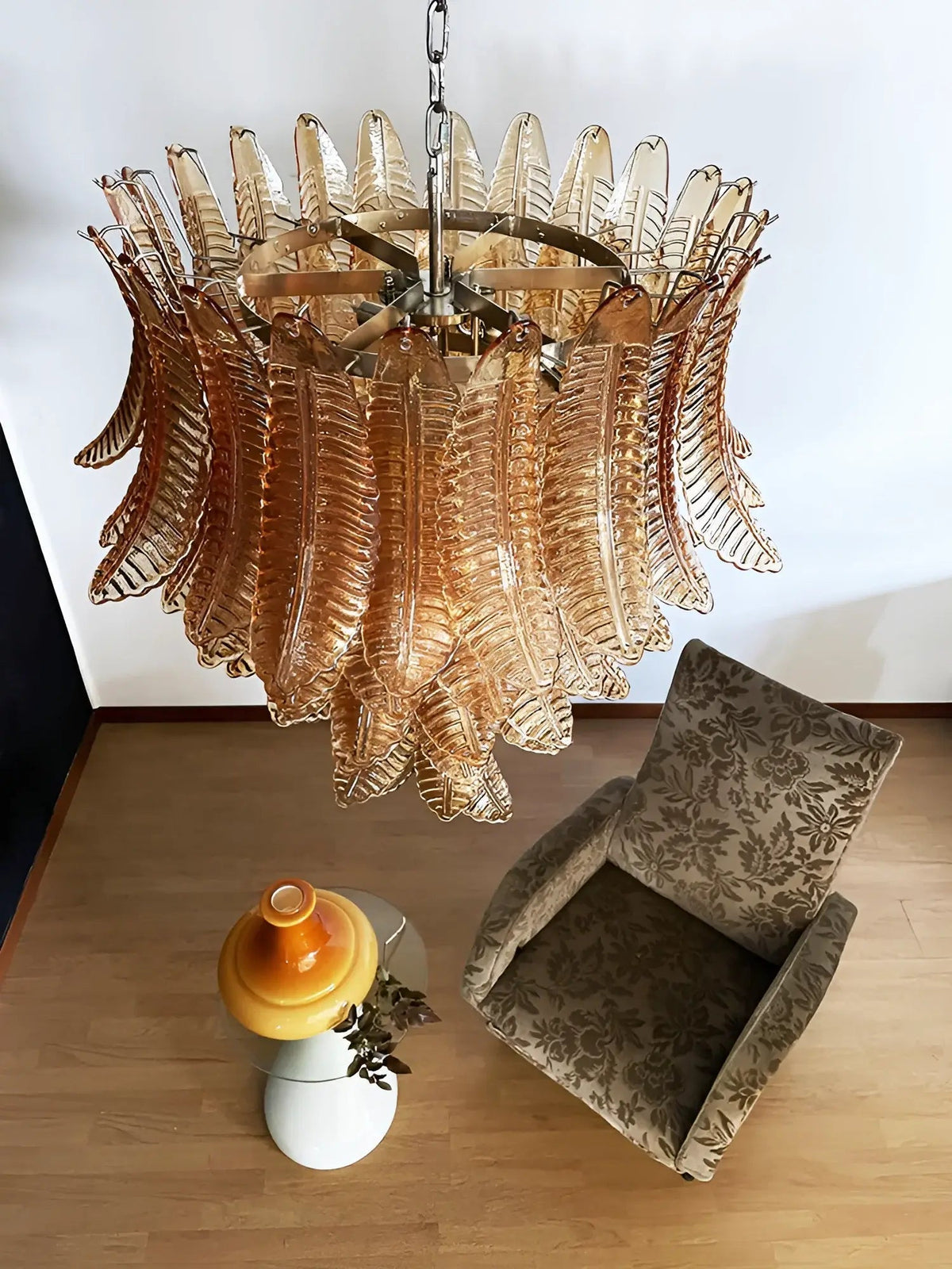 Veleena Kronleuchter Bernstein Murano-Glas-Blätter geschichtet