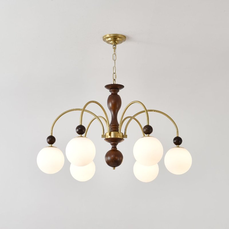 Sylenise Pendelleuchte aus Walnuss und Messing mit Kugelschirm im Vintage-Stil