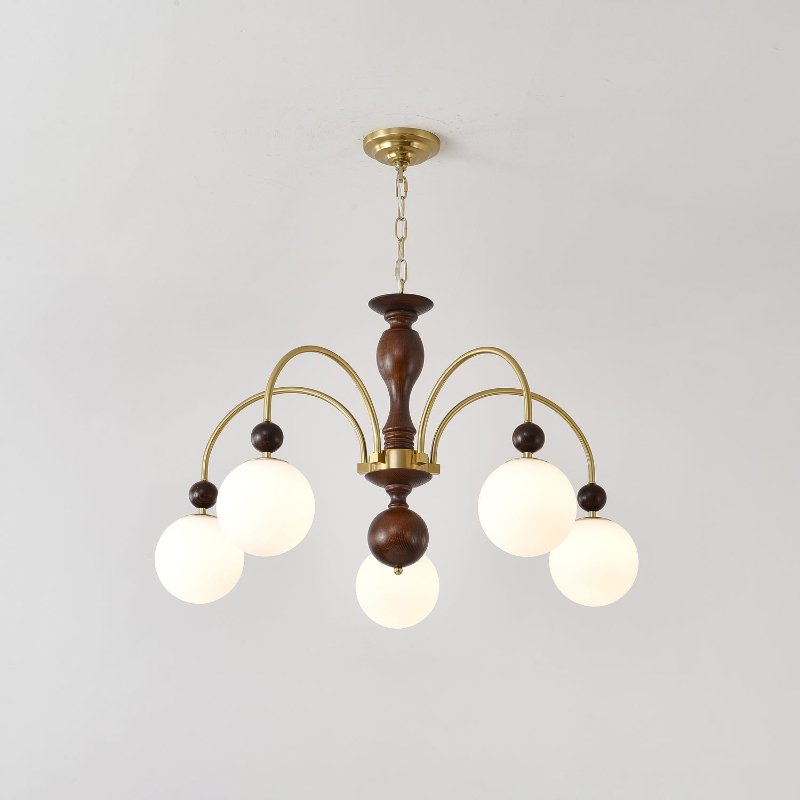 Sylenise Pendelleuchte aus Walnuss und Messing mit Kugelschirm im Vintage-Stil
