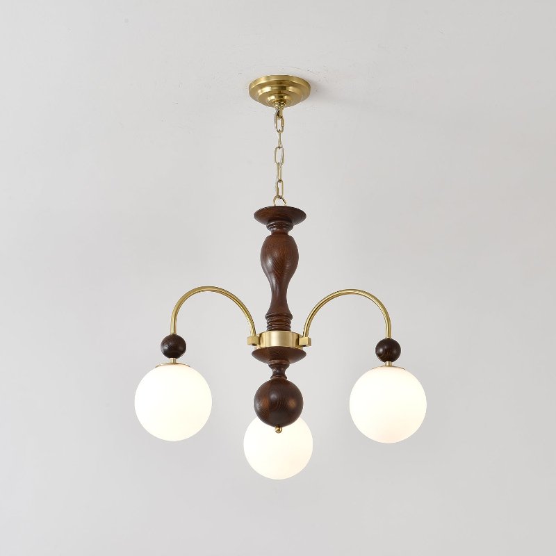 Sylenise Pendelleuchte aus Walnuss und Messing mit Kugelschirm im Vintage-Stil