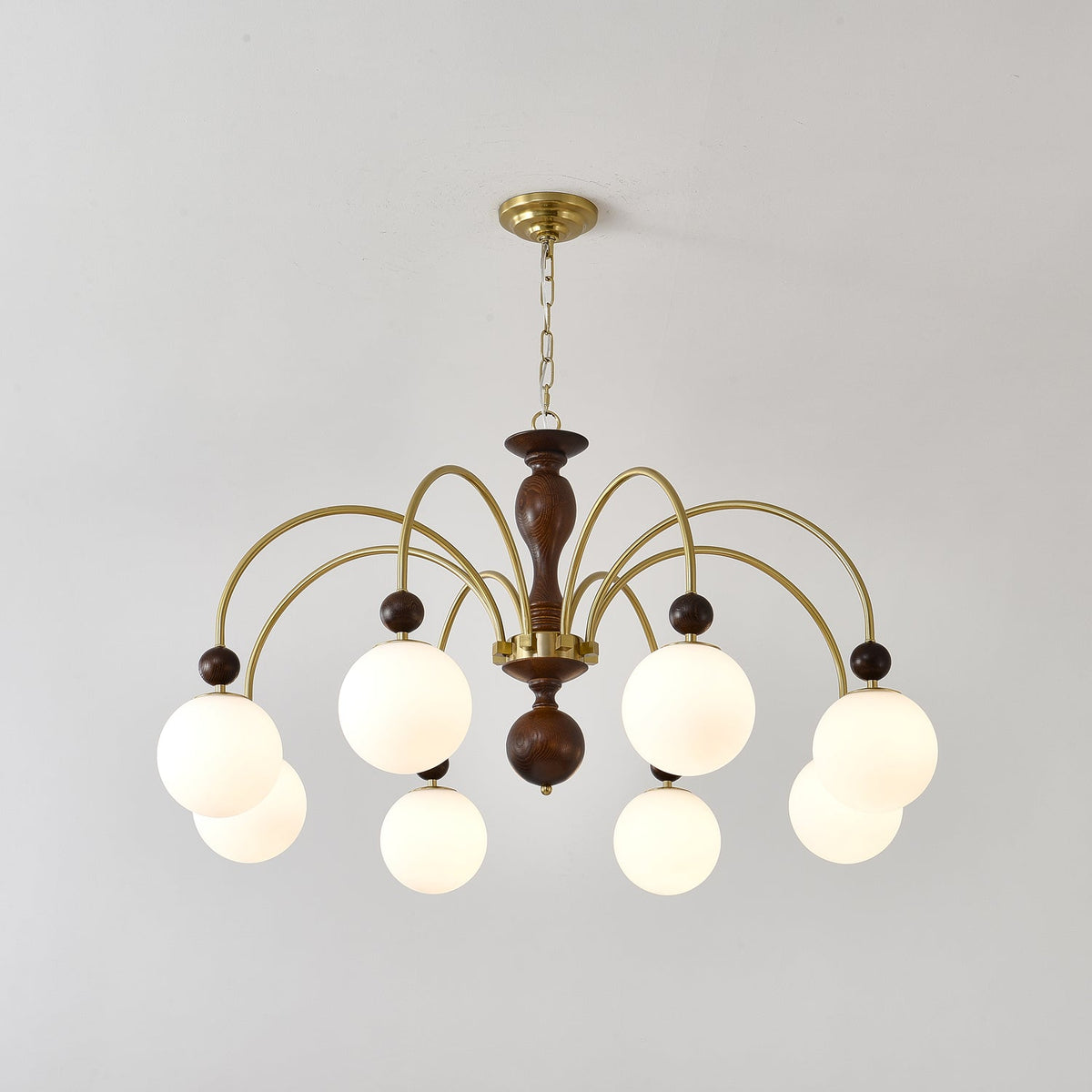 Sylenise Pendelleuchte aus Walnuss und Messing mit Kugelschirm im Vintage-Stil