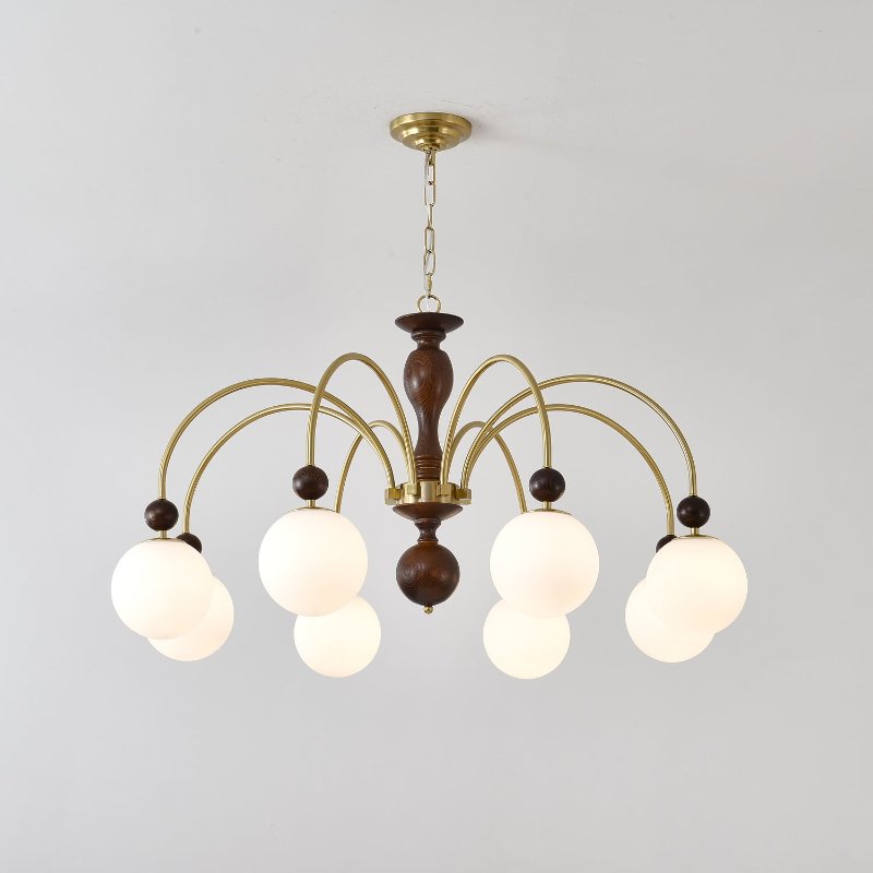 Sylenise Pendelleuchte aus Walnuss und Messing mit Kugelschirm im Vintage-Stil