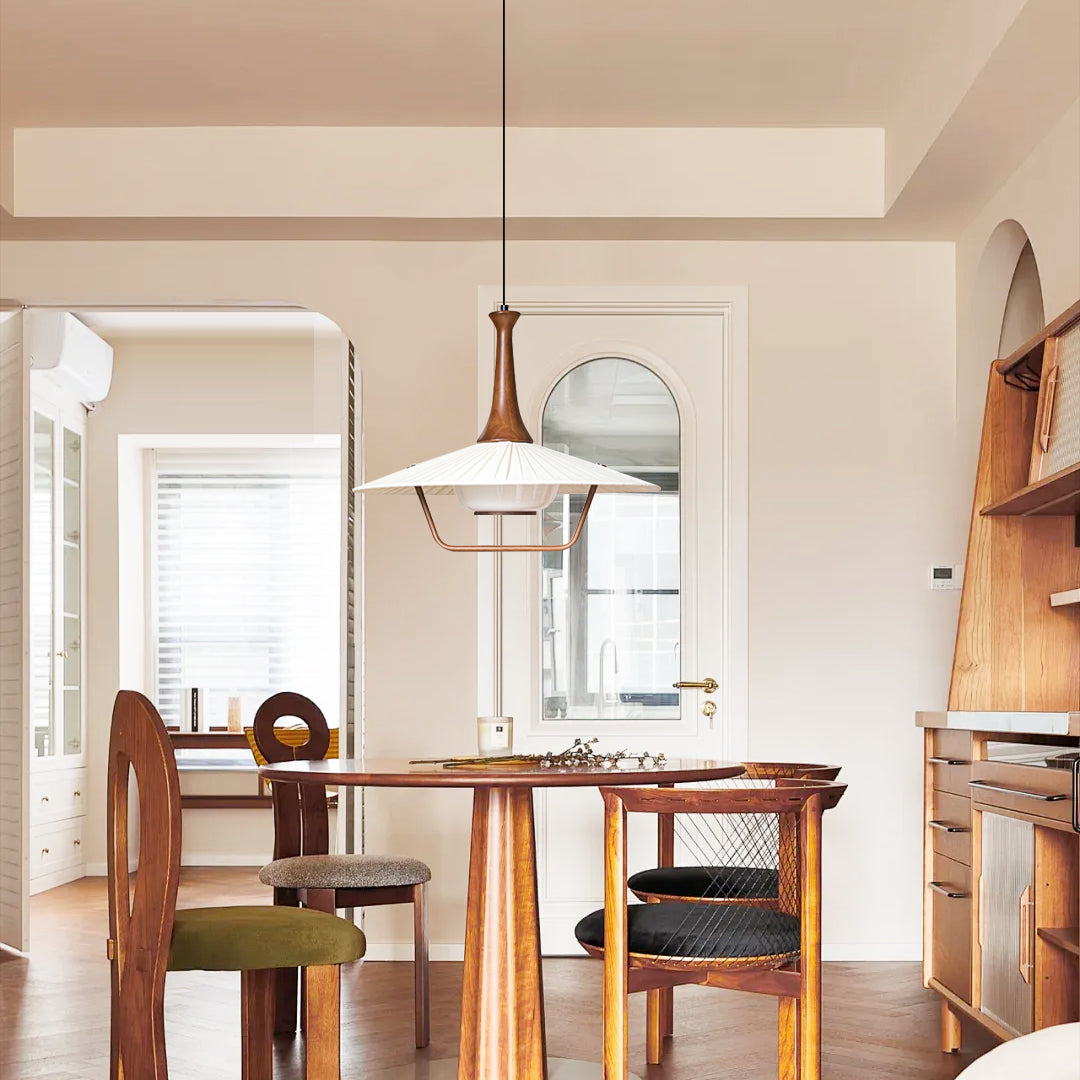 Vionne Pendelleuchte aus Holz und Weiß im Mid-Century-Stil