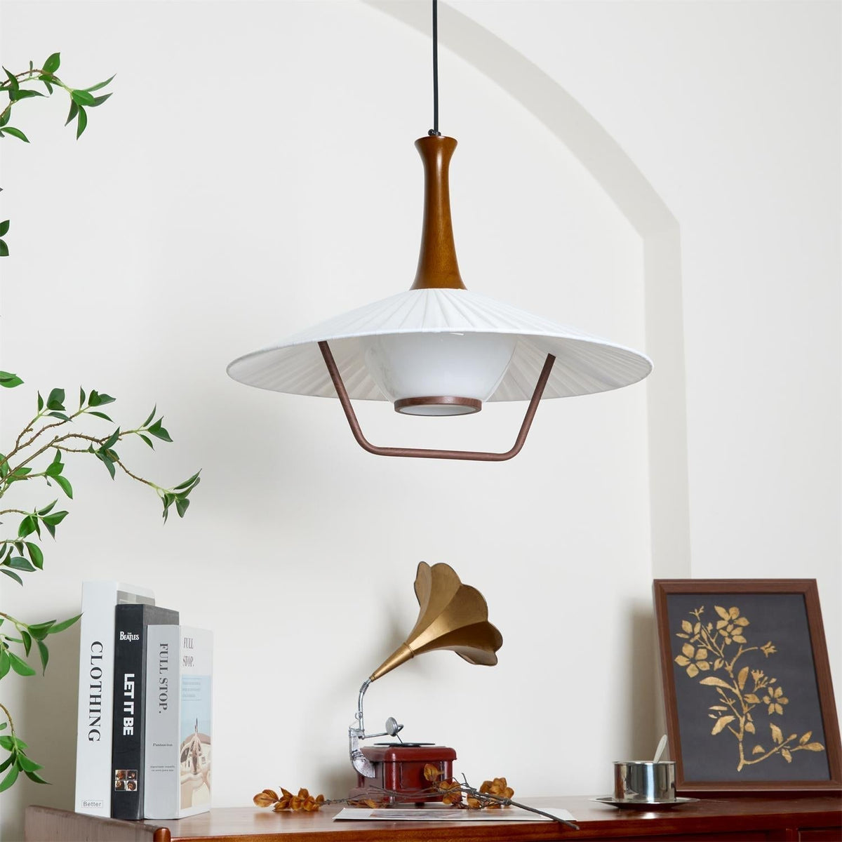 Vionne Pendelleuchte aus Holz und Weiß im Mid-Century-Stil