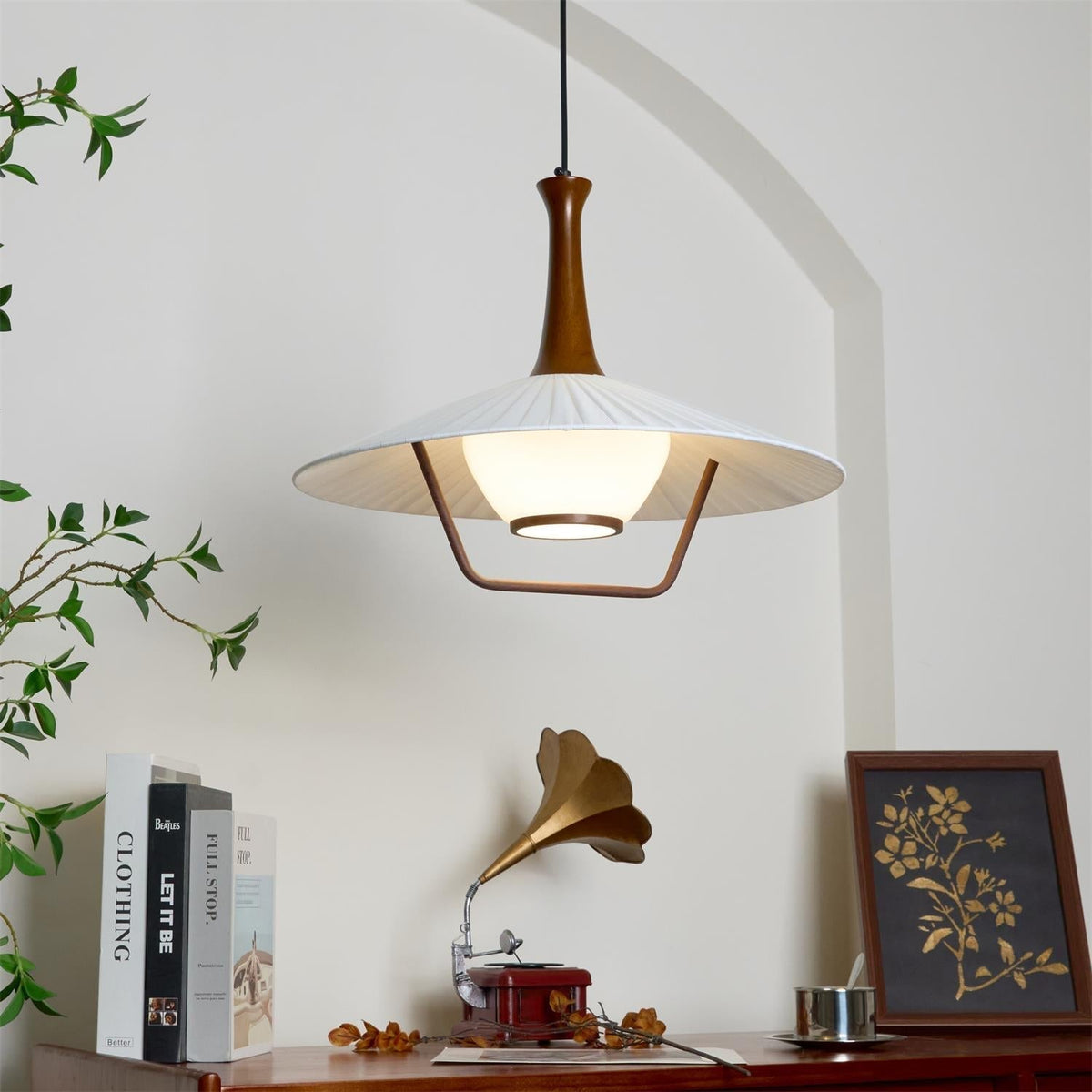 Vionne Pendelleuchte aus Holz und Weiß im Mid-Century-Stil