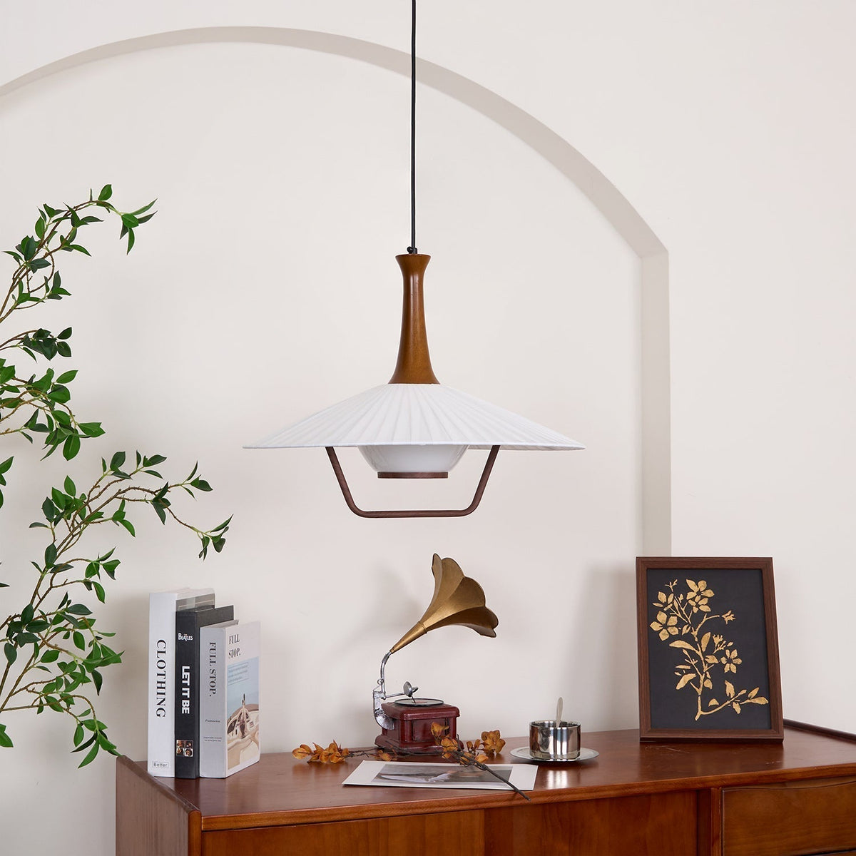 Vionne Pendelleuchte aus Holz und Weiß im Mid-Century-Stil