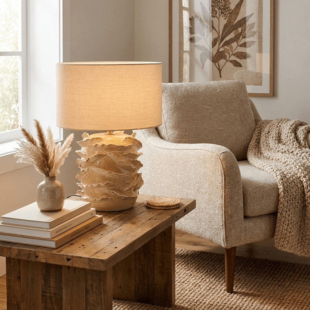 Rosalinde Keramik-Tischleuchte Beige Trommelform Wabi-Sabi Minimalistisch für Wohnzimmer oder Schlafzimmer