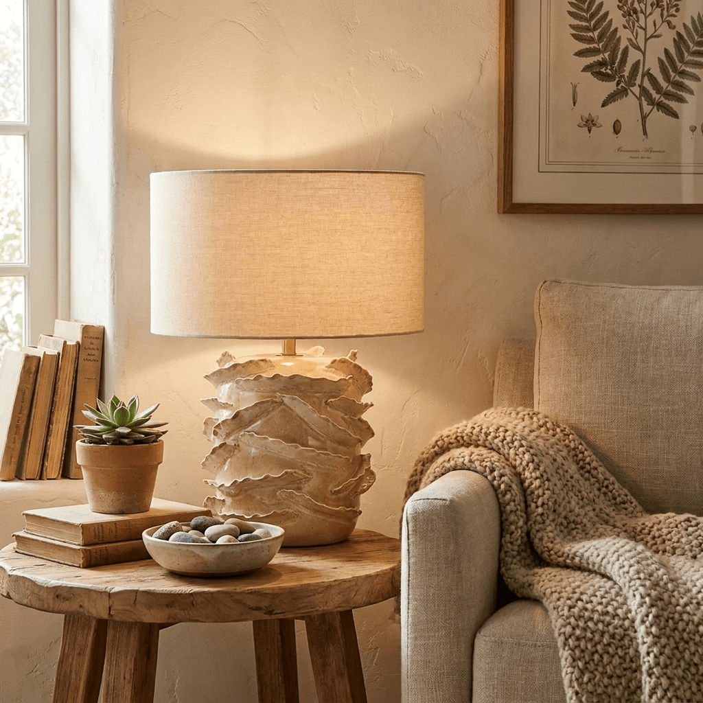 Rosalinde Keramik-Tischleuchte Beige Trommelform Wabi-Sabi Minimalistisch für Wohnzimmer oder Schlafzimmer
