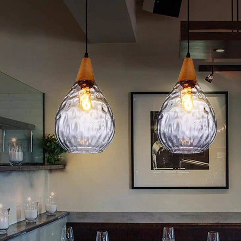 Aria Rustikal  Pendelleuchte  Tränentropfen LED Klar/Grau  Glas&Holz