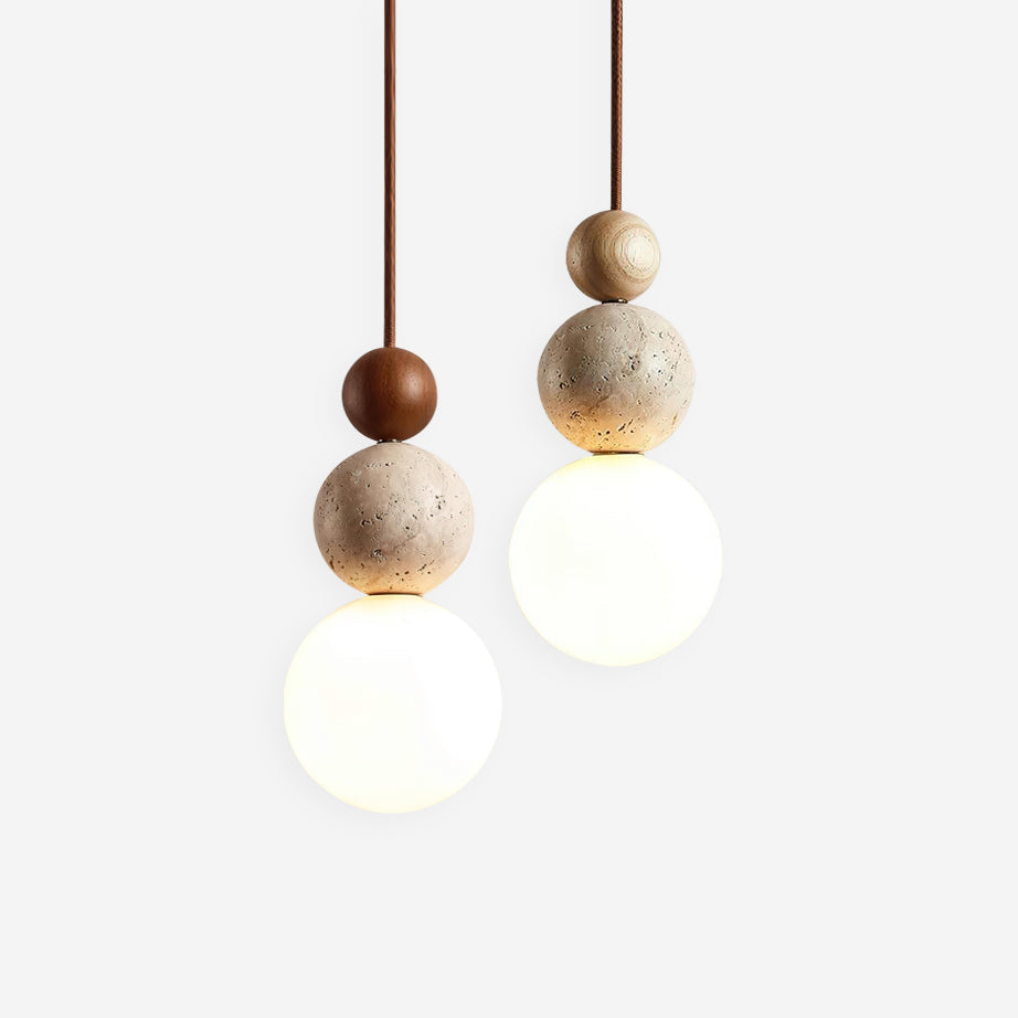 Giona Pendelleuchte Kugel Travertin Holz Neutral