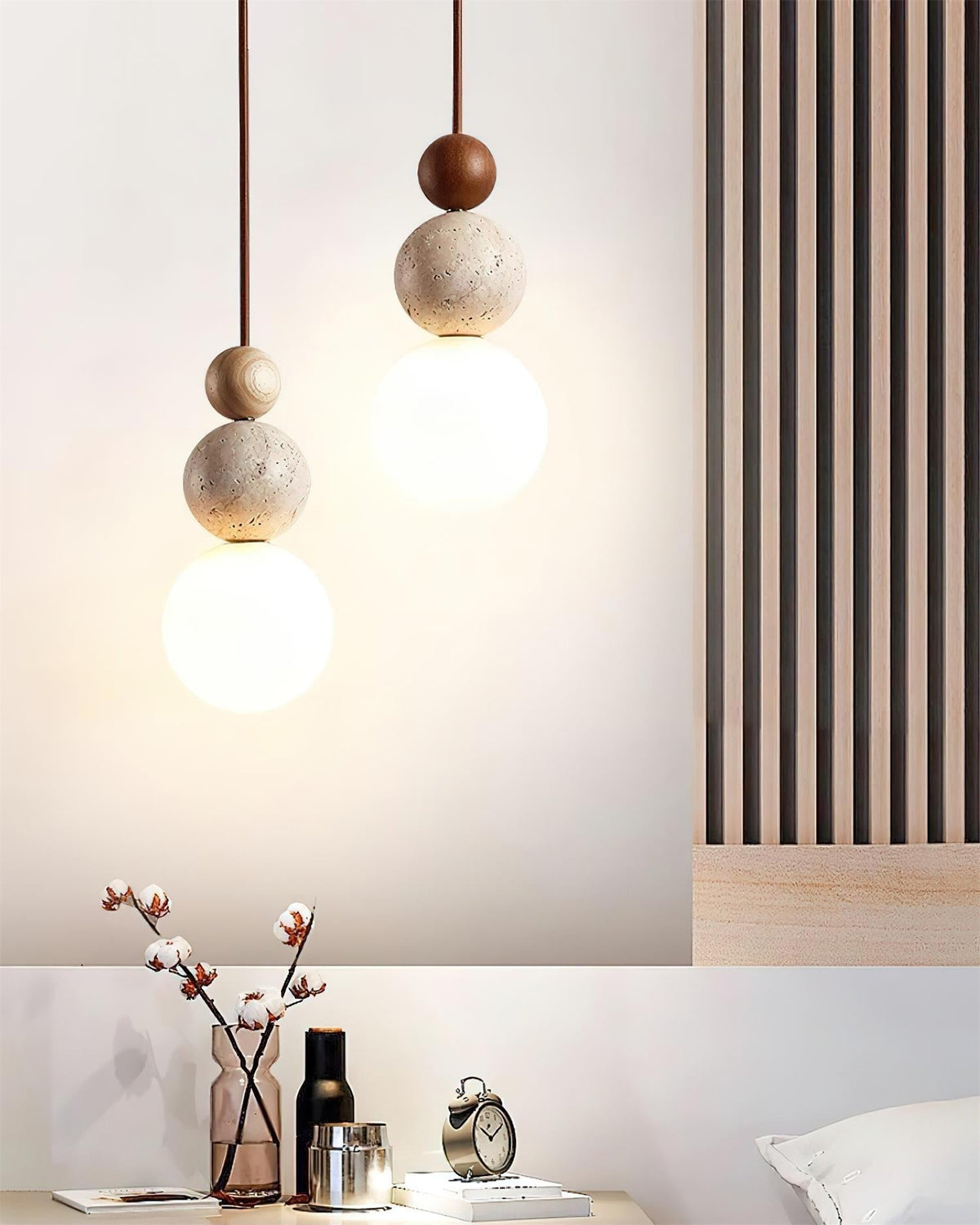 Giona Pendelleuchte Kugel Travertin Holz Neutral
