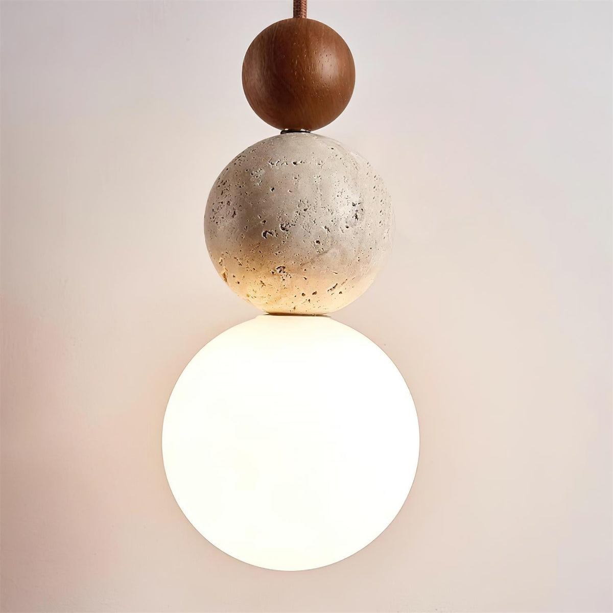 Giona Pendelleuchte Kugel Travertin Holz Neutral