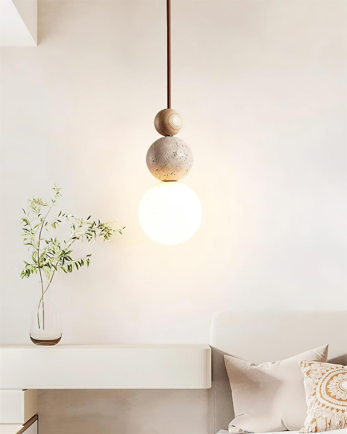 Giona Pendelleuchte Kugel Travertin Holz Neutral