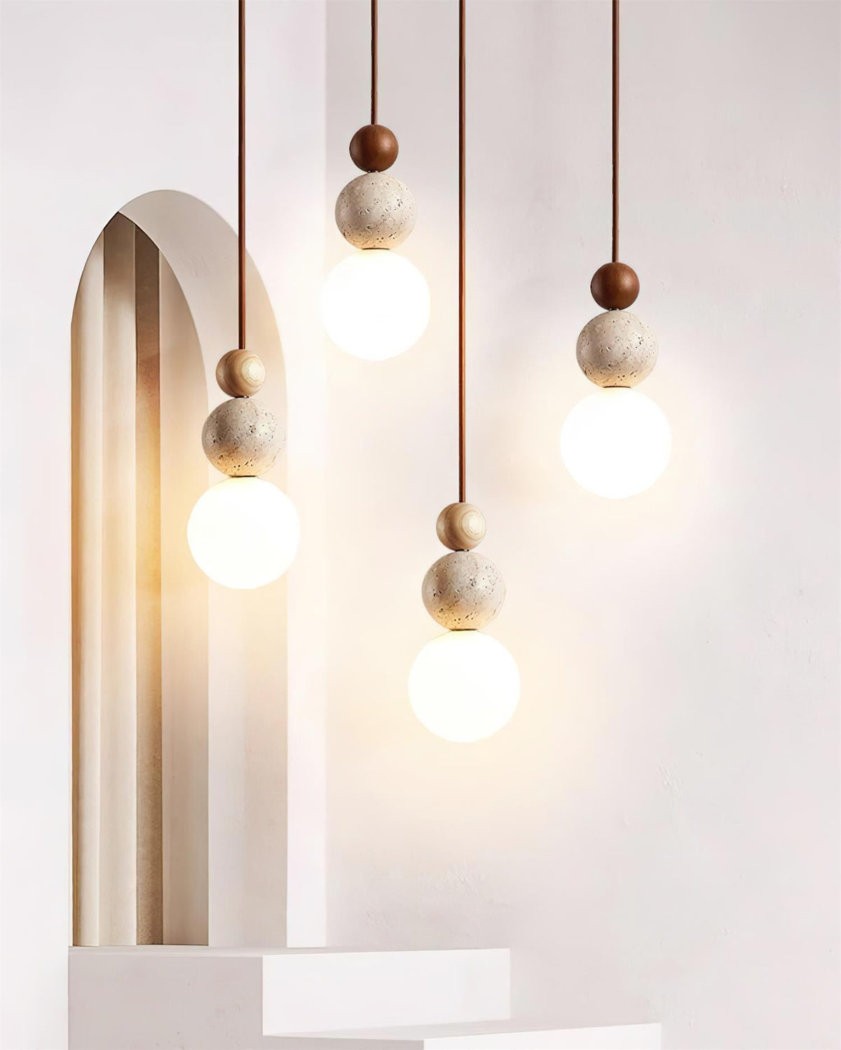 Giona Pendelleuchte Kugel Travertin Holz Neutral