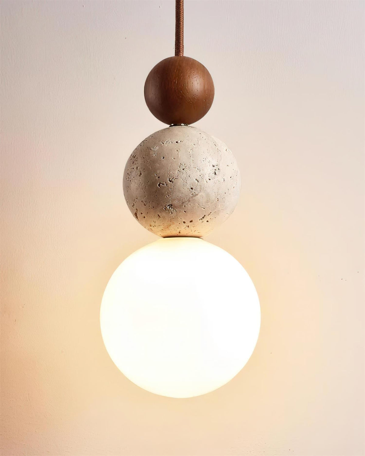 Giona Pendelleuchte Kugel Travertin Holz Neutral