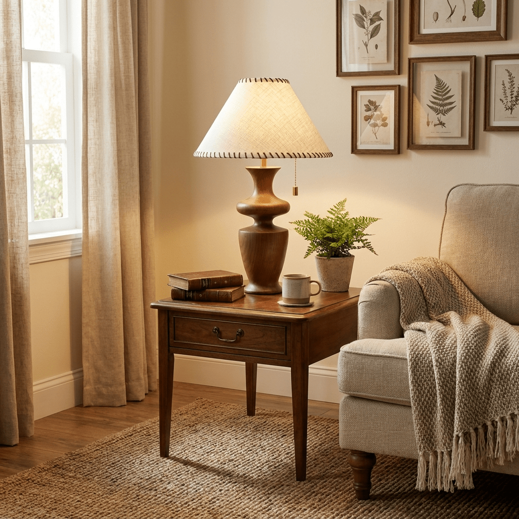 Norisia Tischleuchte mit kariertem minimalistisches Schlafzimmer | Cielum