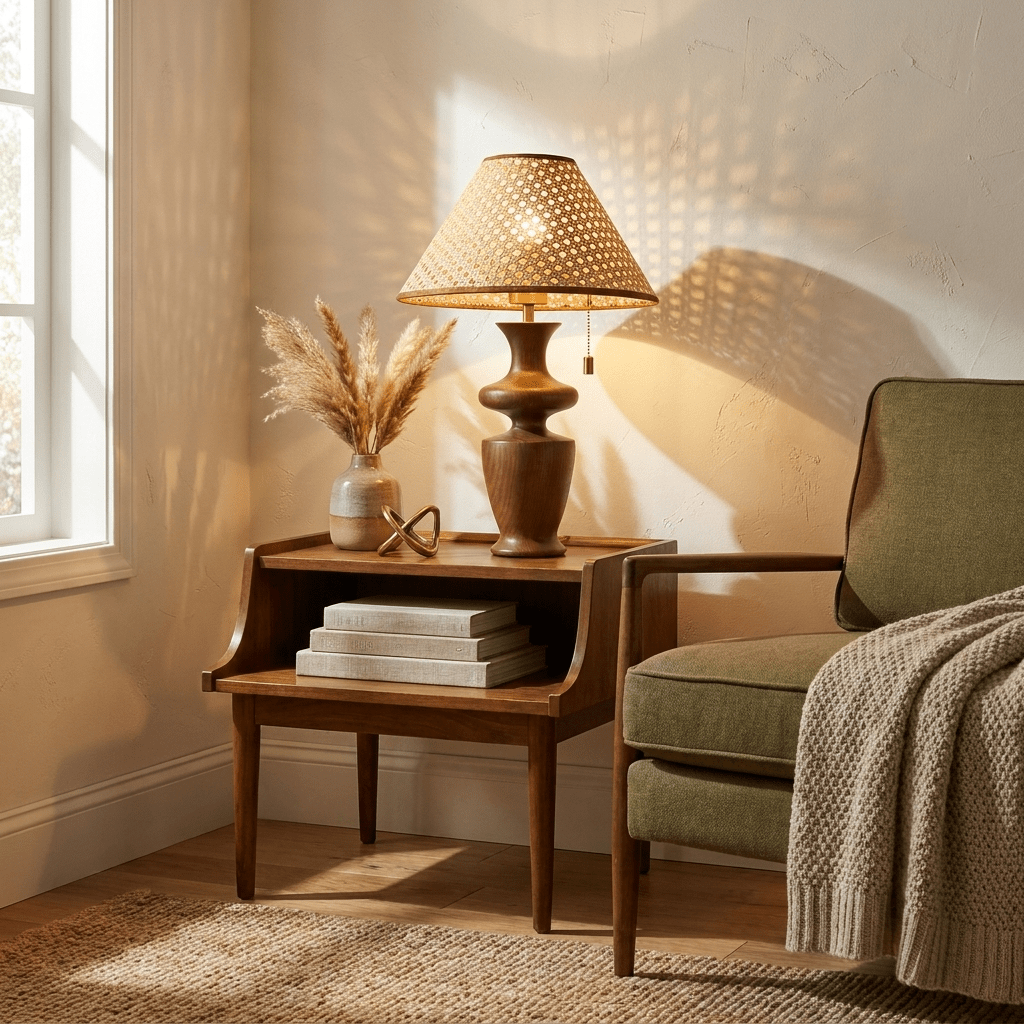 Norisia Tischleuchte mit kariertem minimalistisches Schlafzimmer | Cielum
