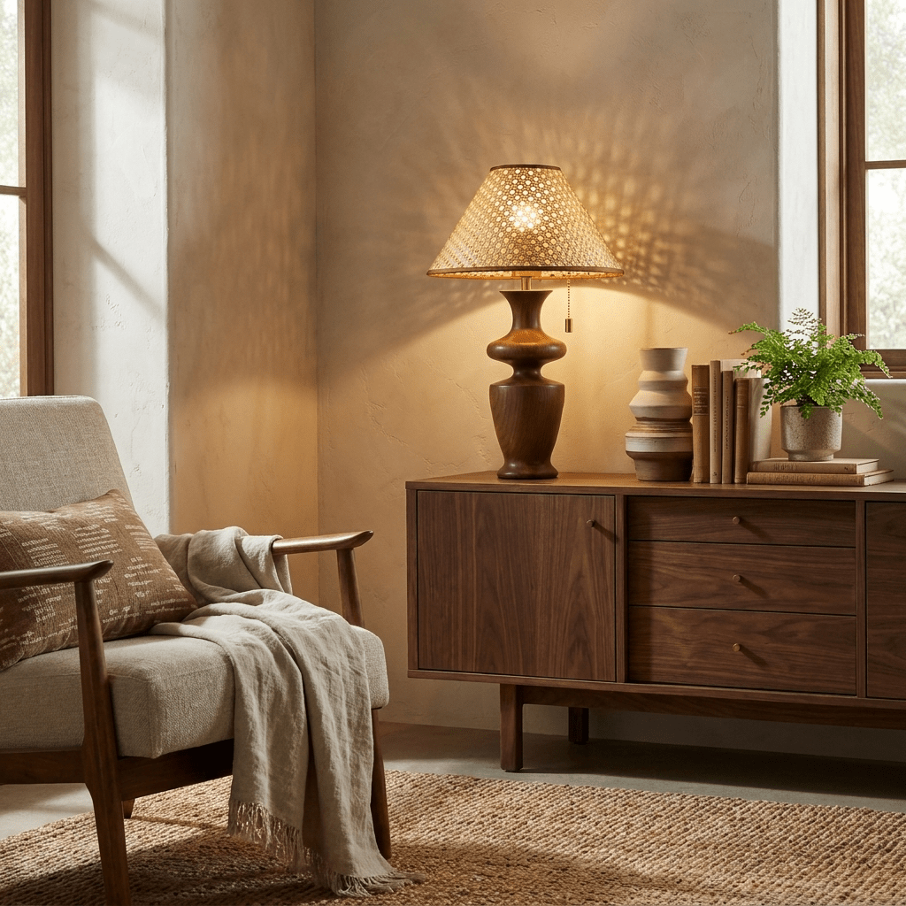 Norisia Tischleuchte mit kariertem minimalistisches Schlafzimmer | Cielum
