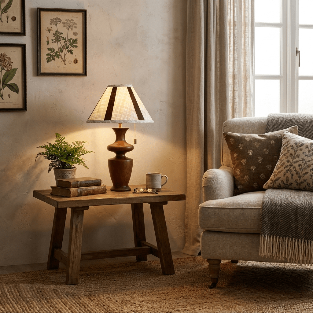 Norisia Tischleuchte mit kariertem minimalistisches Schlafzimmer | Cielum